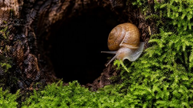 Snail Exploring a Mossy Cavity: A curious garden snail with its spiraled shell ventures out from a dark, hollow cavity, its delicate antennae extended.
