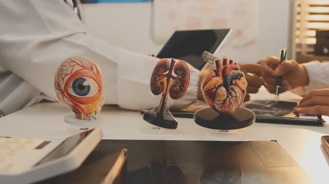 Doctor holding and pointing to an anatomical model of human lungs in a clinical office setting