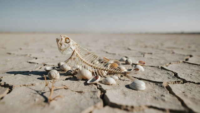 Desert Skeleton of Fish with Seashells on parched cracked dry earth landscape
