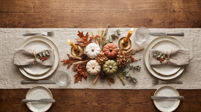 Elegant Thanksgiving Table Setting with Pumpkins and Candles