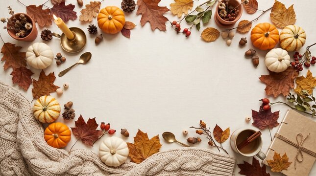 Cozy Autumn Flat Lay with Pumpkins Leaves Candle and Warm Drink