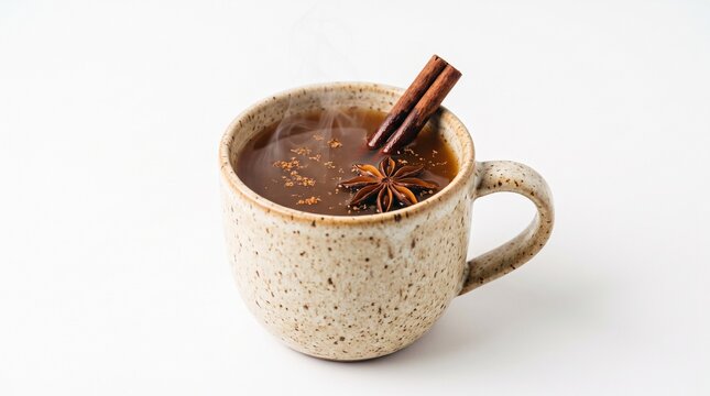Hot Beverage with Cinnamon and Star Anise in a Speckled Mug