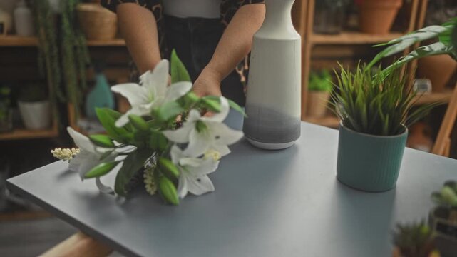 Woman hands arranging white lilies and greenery into tall ceramic vase on table in studio surrounded by potted plants and shelves; calm care.