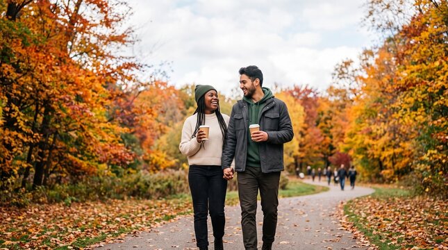 Couple walking hand in hand in autumn park holding coffee cups