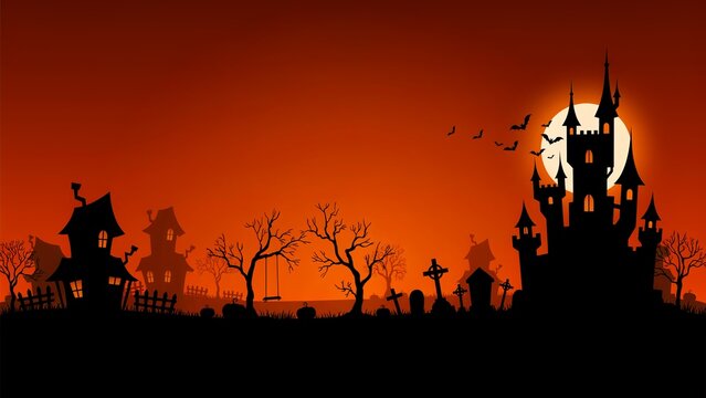City panorama in halloween style. Scary halloween isolated background. Orange and yellow background. Vector illustration.