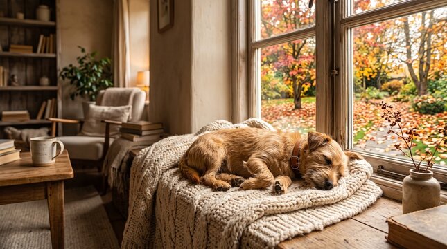 Cozy dog sleeping on a knitted blanket by the window with autumn leaves outside