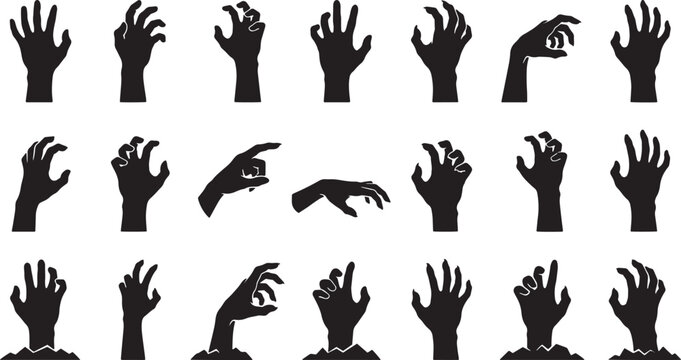 Detailed vector silhouettes of creepy zombie hands and arms with silhouette