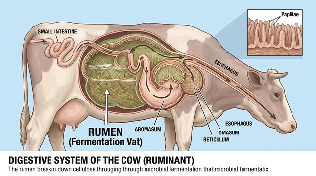 Educational anatomical diagram of a cow organ illustrating the complex digestive system and fermentation process within the ruminant stomach
