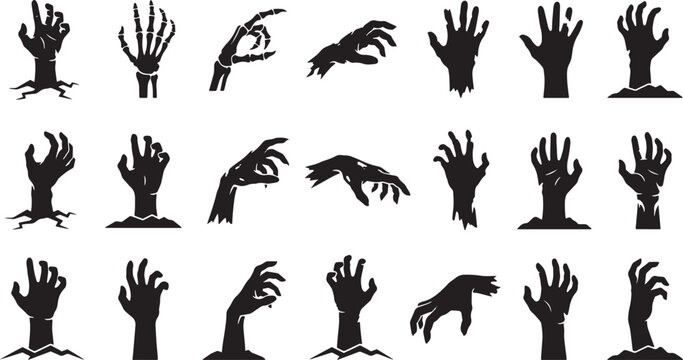 Scary halloween zombie hands silhouettes vector graphic set with silhouette