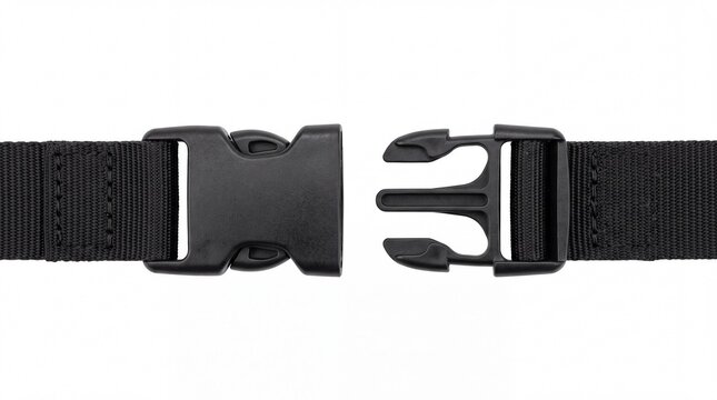 Black plastic side release buckle detached from nylon webbing strap showing textured surface detail and durable fastener on white background