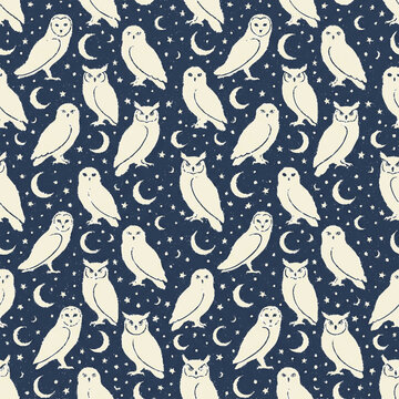 Seamless pattern of white owl silhouettes, crescent moon shapes, and shining stars on dark blue night sky background for mystical wildlife wallpaper, nocturnal bird textile, and wrapping paper design