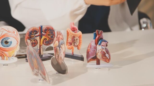 Doctor holding and pointing to an anatomical model of human lungs in a clinical office setting