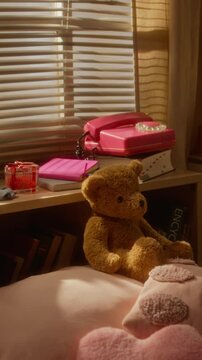 Vertical shot of teddy bear sitting on bed near shelf holding pink vintage rotary telephone and notebook. Footage is perfect for retro lifestyle advertisements or nostalgic childhood marketing