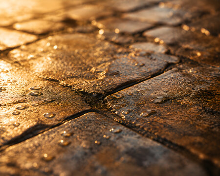Wet cobblestone pavement glistens with water droplets under warm sunlight creating a textured surface texture stones golden outdoor urban cityscape