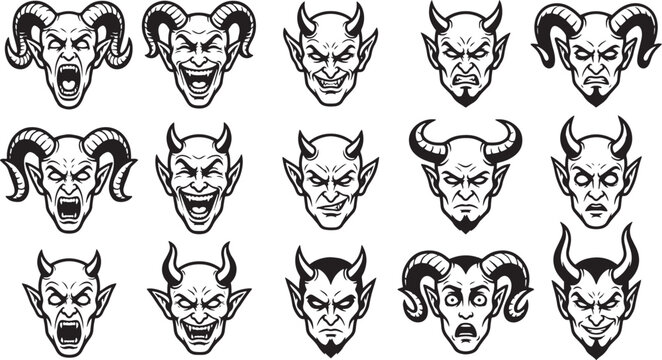 Collection of detailed devil and demon head illustrations with silhouette