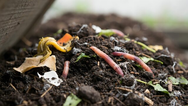 Close-up of earthworms and organic waste in soil for composting and soil health
