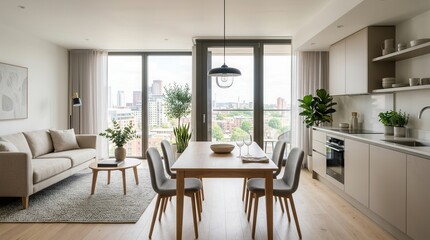 Fototapeta premium Modern open plan apartment interior featuring a living room, dining area, and kitchen. Floor to ceiling windows offer a scenic urban city view.