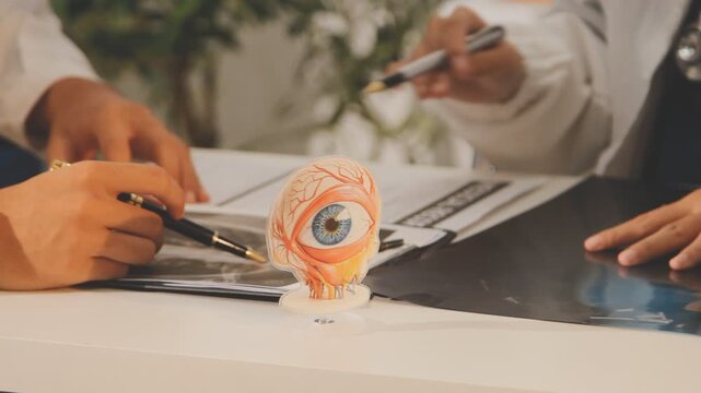 Doctor holding and pointing to an anatomical model of human lungs in a clinical office setting