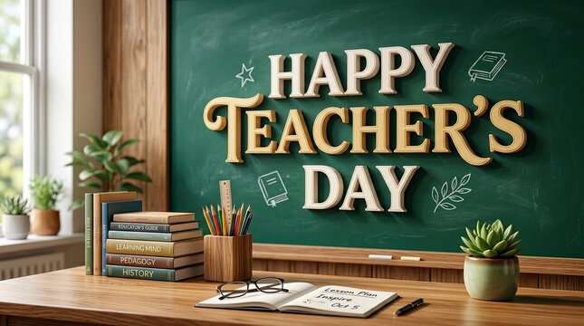 Happy teachers day greeting with golden 3d text on a green chalkboard in a classroom setting