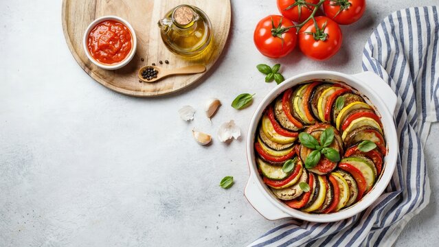 Fresh homemade ratatouille in a white baking dish with tomatoes and olive oil on a kitchen table. Perfect for healthy food and lifestyle culinary blogs.