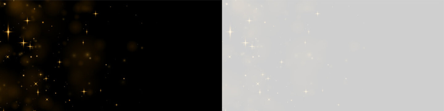 Gold sparkling particle lights scatter across a dark background. The small glowing orbs and twinkling stars vary in intensity and shape. This image suits festive, magical, or celebratory.