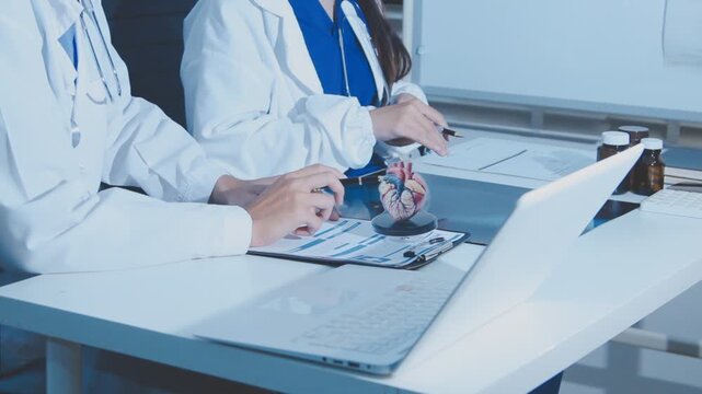 Doctor holding and pointing to an anatomical model of human lungs in a clinical office setting