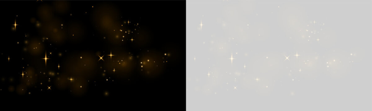 A scattering of golden light sparkles against a deep black background. The glowing particles vary in size with star-like glints and soft halos. This elegant composition can enhance festive.
