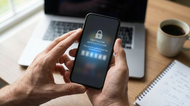 Person holding a smartphone displaying two-factor authentication, with a laptop in the blurred background. Concept of data security and online privacy.