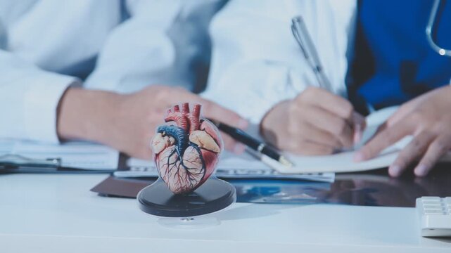 Doctor holding and pointing to an anatomical model of human lungs in a clinical office setting