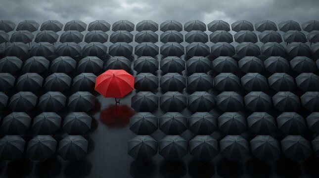 Red Umbrella Stands Out Among Many Black Umbrellas