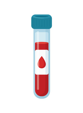 Blood sample test tube with red blood, medical laboratory container isolated on white background, flat vector illustration for healthcare and diagnostics.