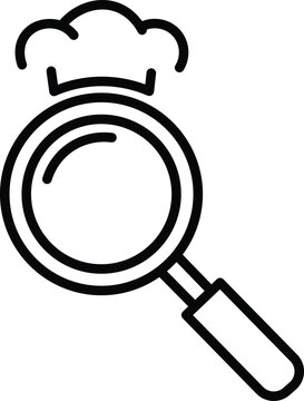 Magnifying glass with a chef hat symbol, minimalist black outline on white background cooking