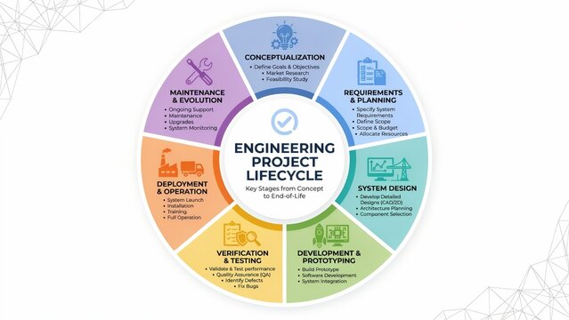 Engineering project lifecycle diagram showing circular stages from concept to maintenance isolated on white background. Perfect for professional business process and system.