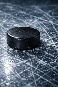 Closeup hockey puck on scratched ice rink surface for sports banner background and action game design with dramatic texture