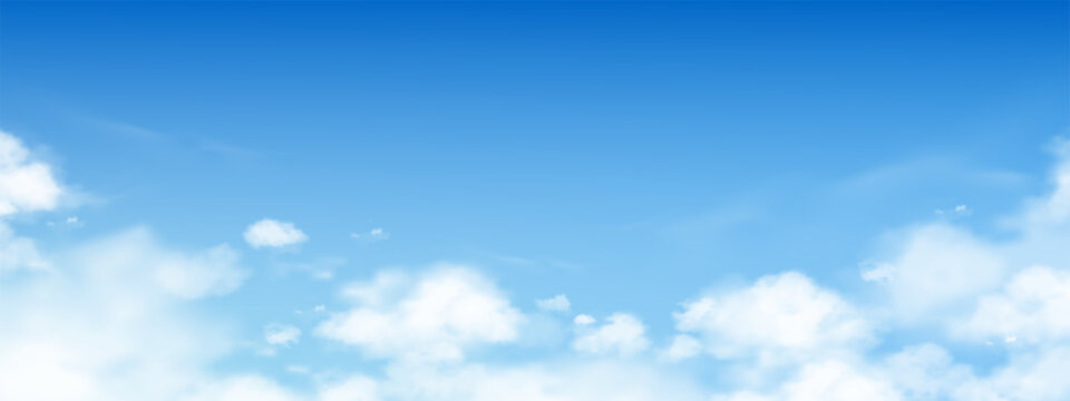 Blue Sky Background In Wide Panorama With Soft White Clouds And Clear Copy Space, Bright Nature Scene For Spring Summer Banner, Weather Presentation,Vector Seasonal Design And Horizontal Backdrop