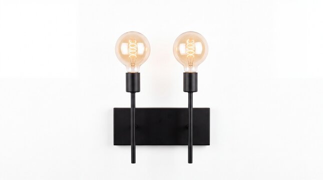 Modern dual vanity wall light fixture featuring glowing vintage edison bulbs with sleek black metal accents placed on white background