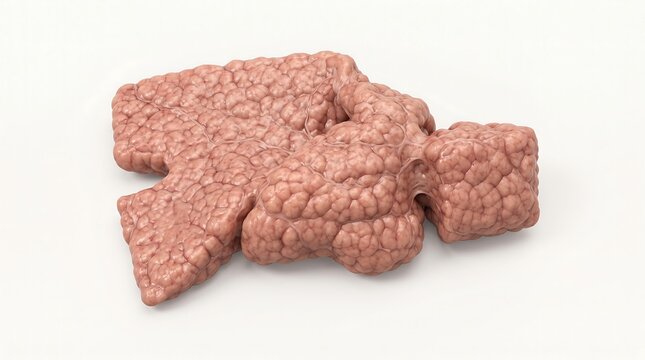 Isolated 3D render of cow organ thymus gland showing complex lobular texture on plain white background for veterinary anatomical research
