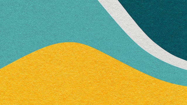 Yellow abstract fluid wavy layered textured paper background with cyan teal flowing curved waves with copy space for banner