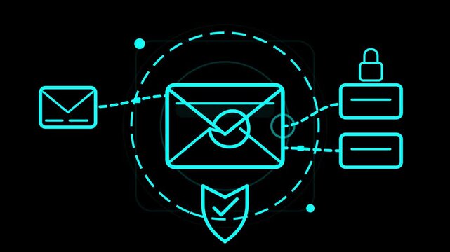 Secure email transmission protocol illustration showing data protection shield and cyber security network flow in glowing blue lines on black