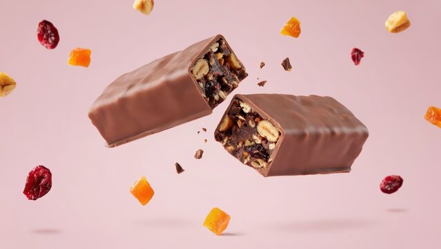 A broken chocolate bar with nuts and dried fruit floats against a soft pink background. Perfect for healthy snack marketing or dessert advertising campaigns.
