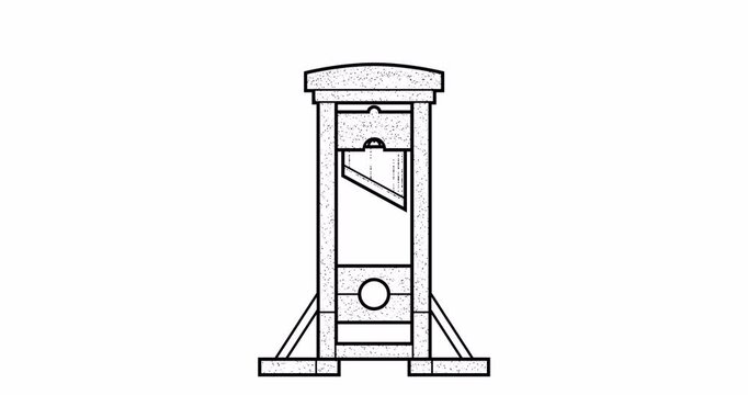 Guillotine, capital punishment via decapitation, cut off head medieval execution, decollation machine with blade, footage