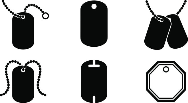 Dog tag and keychain icon collection featuring pet identification tags, engraved labels, accessories, military style badges and personalization symbols