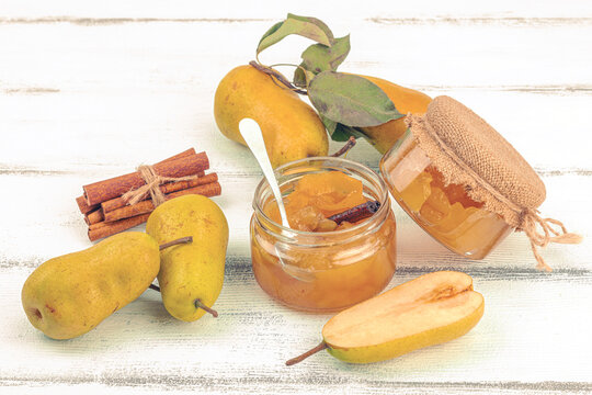 Homemade pear jam, confiture, marmalade. Sweet dessert, preserve food. Ripe farm fruits