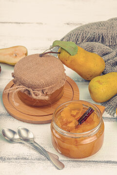 Homemade pear jam, confiture, marmalade. Sweet dessert, preserve food. Ripe farm fruits