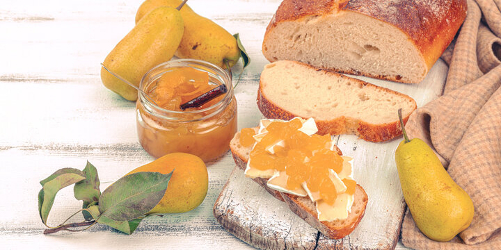 Homemade pear jam, confiture, marmalade. Sweet dessert, preserve food. Ripe farm fruits