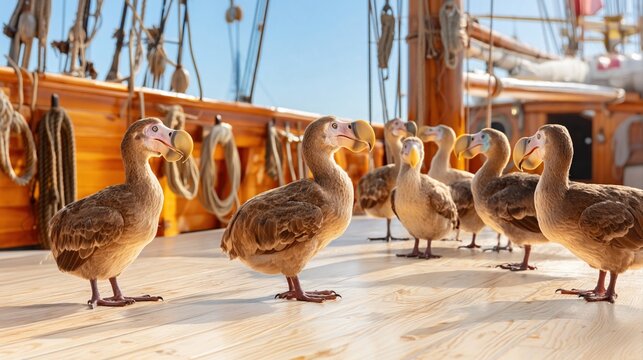 Brown dodo birds on wooden sailboat deck