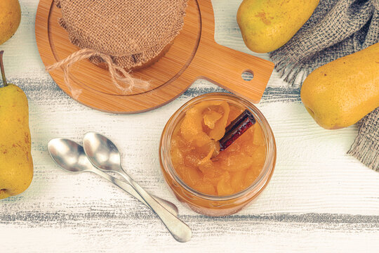 Homemade pear jam, confiture, marmalade. Sweet dessert, preserve food. Ripe farm fruits