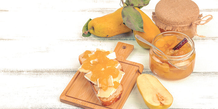Homemade pear jam, confiture, marmalade. Sweet dessert, preserve food. Ripe farm fruits