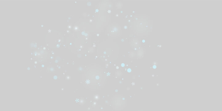Delicate snowflakes scatter softly across a dark canvas. Blue-tinted bokeh circles provide a floating, gentle luminescence. This image conveys a serene winter or holiday atmosphere for.