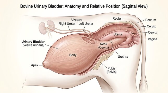 Detailed medical diagram of bovine urinary bladder anatomy showing sagittal view of cow organ relative position to reproductive tract